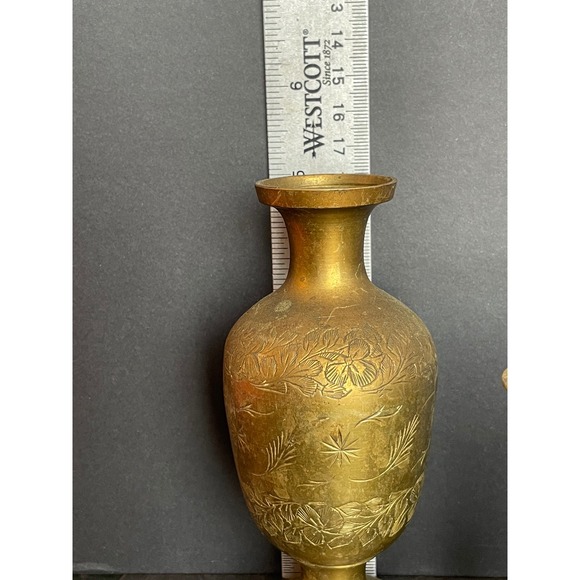 Vintage Brass Vase Set Etched Floral Design Pedestal Base Set of 3 - Picture 4 of 9